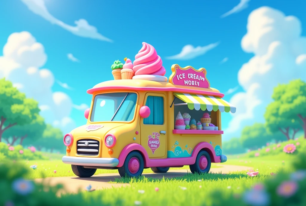 3d Anime scene of Xiaoice ice cream mobile car on the meadows of the green grassland blue sky and white clouds Ice cream truck in the middle of the picture Don't account for too much, official artwork, propaganda art, colorful anime movie background, official art, anime background art, only one ice cream food stall, official illustration, making art, official fan art, mobile game art, background art, ice cream truck, summer, fresh, sunshine halo, natural scenery background, movie lighting, super high resolution, background is natural scenery, natural green, Do not appear characters, summer heat, slightly look up