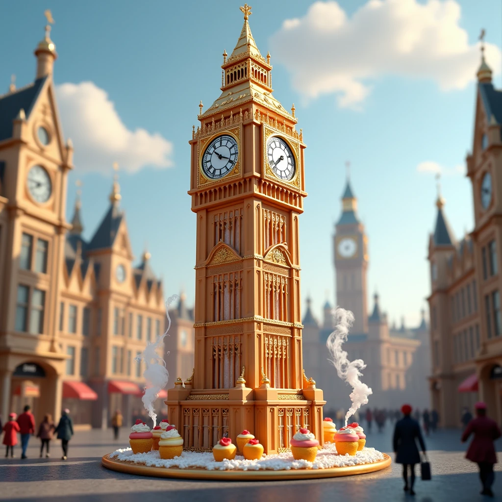 Big Ben like dessert with realistic background