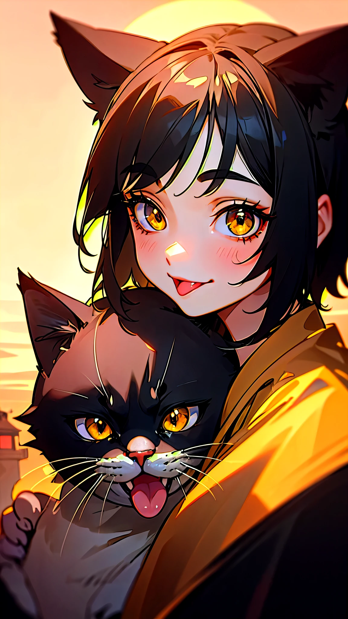 1 Girl、Shiny black hair、Long eyelashes、Round eyes、fake animal ears、smile、tooth、short hair、Cat ear、tongue、Upper body close-up、Golden hour sky、Near the lighthouse