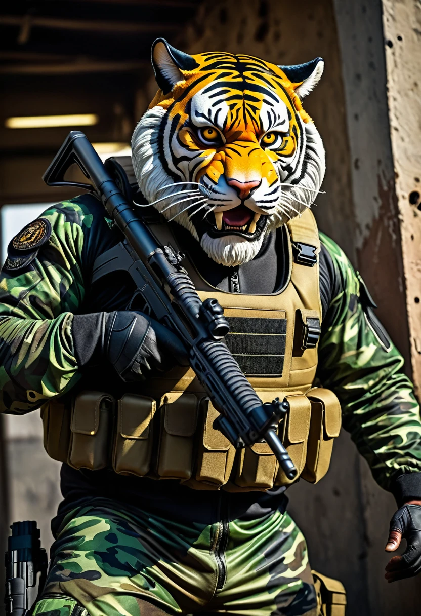 (a dark-skinned bearded fat muscular old man in a bulky army camouflage zipper diver suit) holding a gun, (wearing a small-sized realistic roaring tiger mask), dynamic action pose, fierce expression, showcasing an imposing stature, surrounded by military elements, dramatic shadows and intense highlights, cinematic color tones, high detail, powerful, art influenced by Bruce Onobrakpeya and Stanley Artgerm, ultra-detailed, best quality image, action-packed atmosphere. patrolling