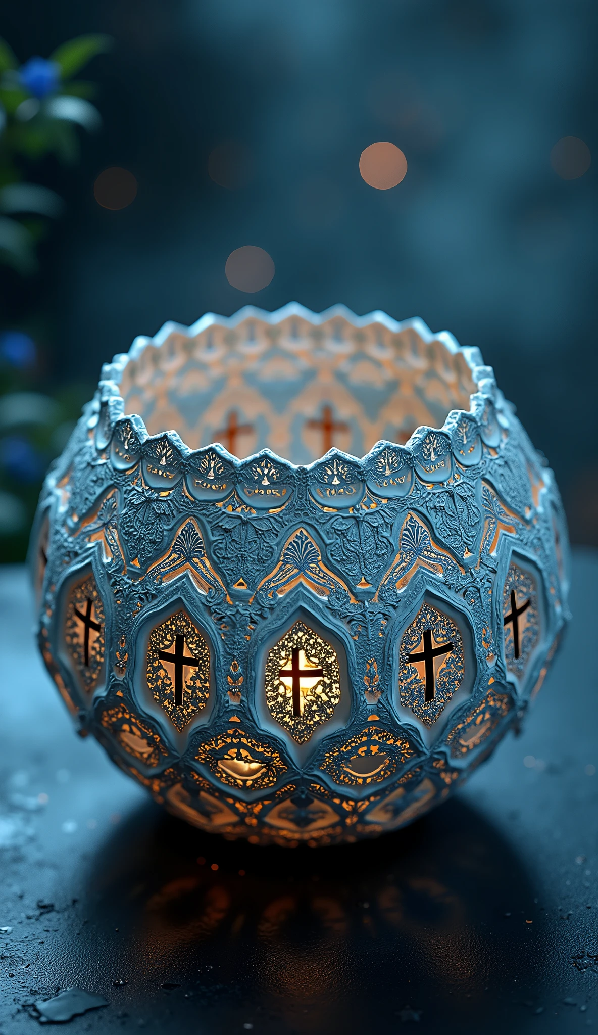 The beautiful crockery look as if they were woven three-dimensionally with beautiful delicate lace with many religious designs, the surface of the vase has a color like a starry night sky, very simple background, beautiful lighting, great focus,Beautiful bokeh, shot from above,