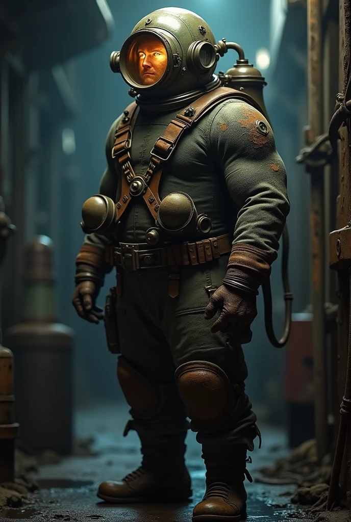A man with vintage diving helmet while wearing suit
