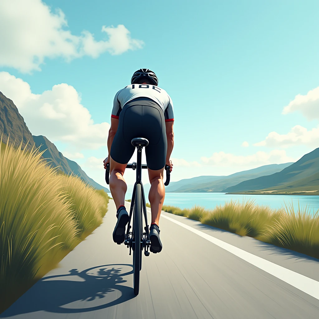 Photorealistic illustrations。
Male road bike rider、Ride your road bike straight into the distance。From behind。Wearing a helmet。
The river bank is a cycling road.、Running there。Although it is a clear sky、the wind is strong。The athletes are struggling with the headwind、I'm somehow managing to push forward。