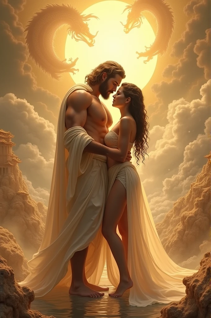 (couple cuddling) rough man Zeus muscular naked, beautiful, sexy, big breasts, cleavage, bare legs, see-through, standing, hanfu, wet, clear, realistic, highest detail, Chinese mythology, dragon pattern, phoenix, sacred, holy, golden mountains, heavenly palace, countless palaces, clouds, golden light