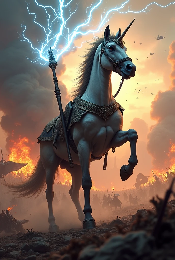 centaur holding a lightning staff standing at middle of war