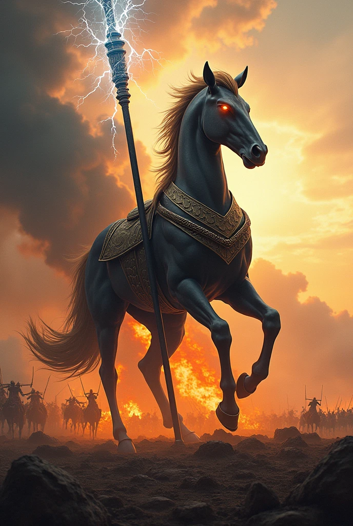 centaur holding a lightning staff standing at middle of war