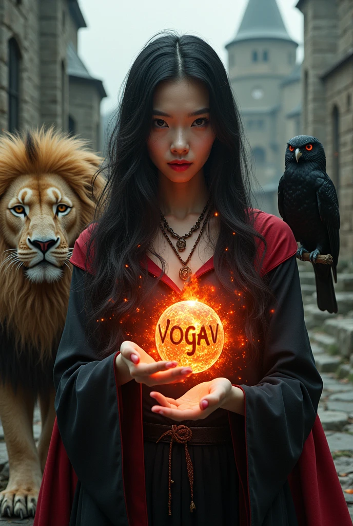 photo realistic, asian woman, white skin, Facing straight, Half-body image size, Black fluffy hair, Long slender fingers, Black witch cloak, Red Hood, Inside is a red dress., There is a fireball in the hand., In the fireball there are English letters VOGA. (Arabica font) Float, There were several red sparks and red smoke coming out of his hand., A black owl stands on the right shoulder.., A large golden lion with a red mane appears from the rear left.., The background is an old black European-style castle..