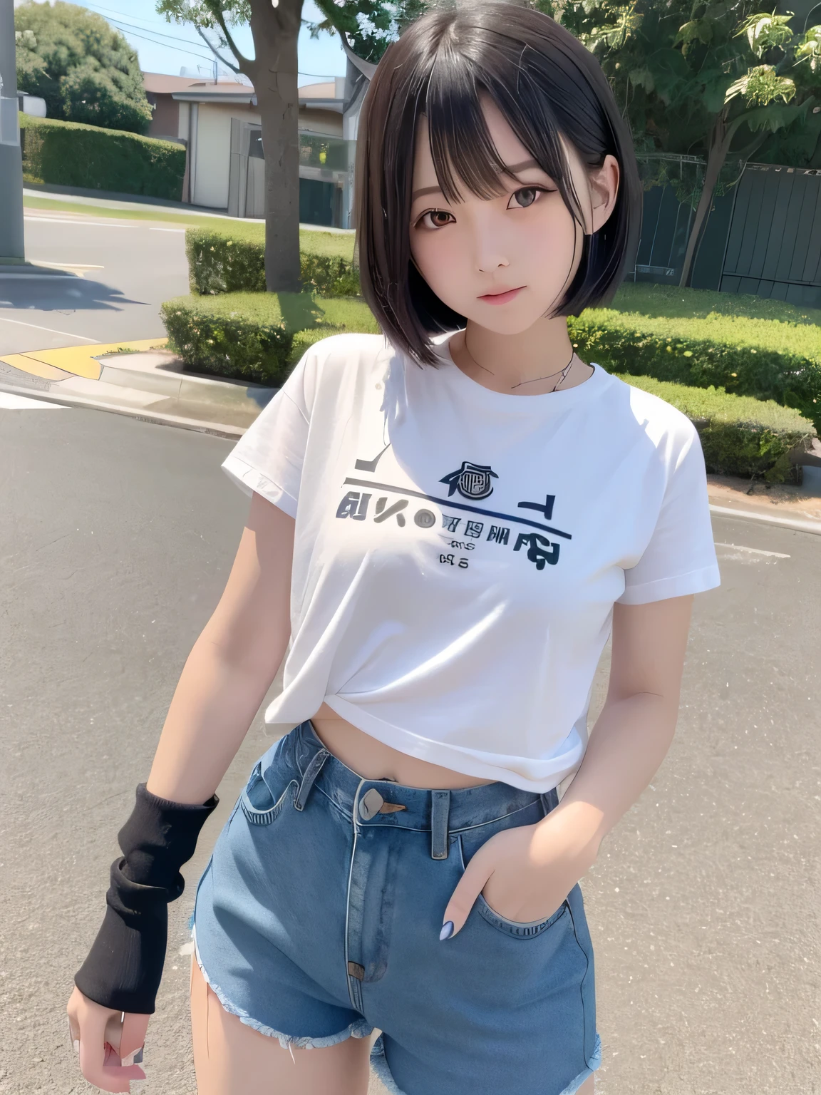 Very short, tight, And skinny denim shorts、beautiful girl.,She is cute and pretty like an idol..,She is pure and innocent.,She is wearing a T-shirt,High socks and sneakers.Japanese,Black short bob,A shy smile