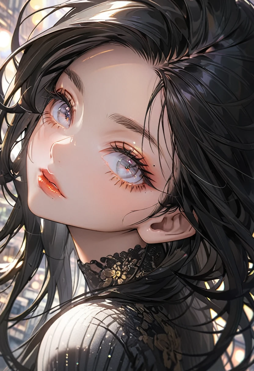 The background is urban(Highest quality,Very detailed,High resolution:1.2),beautiful girl,Black straight hair,Black bangs,very_Long eyelashes, Detailed lips, Cool look, Soft Skin, Shiny Hair,Exquisite makeup,Shot from above,