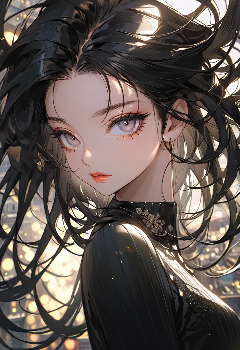 The background is urban(Highest quality,Very detailed,High resolution:1.2),beautiful girl,Black straight hair,Black bangs,very_Long eyelashes, Detailed lips, Cool look, Soft Skin, Shiny Hair,Exquisite makeup,Shot from above,