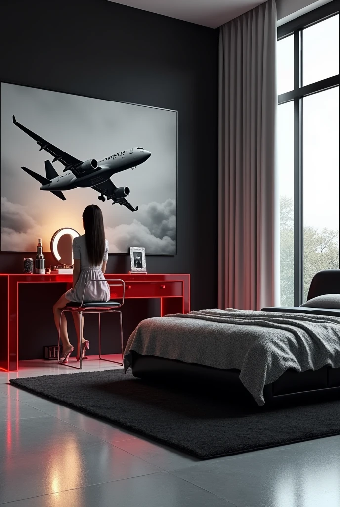 Professional 3d architecture rendering design of modern   girl teenage  room with modern dark bed and  light  shinty silver blanket and sheets modern   red glassy makeup table and glassy  chairand  glassy  red glassy piano And modern windows  and beautiful and modern  with big  jet airplane  painting  and modern windows and showing complete bed room and light gray stone for floor and elegant  dark carpet and small ai similar human sitting on the chair and light gray wall 