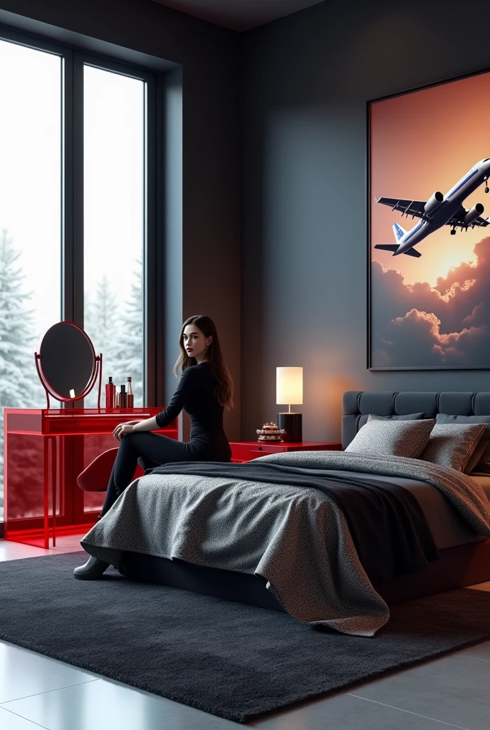 Professional 3d architecture rendering design of modern   girl teenage  room with modern dark bed and  light  shinty silver blanket and sheets modern   red glassy makeup table and glassy  chairand  glassy  red glassy piano And modern windows  and beautiful and modern  with big  jet airplane  painting  and modern windows and showing complete bed room and light gray stone for floor and elegant  dark carpet and small ai similar human sitting on the chair and light gray wall 
