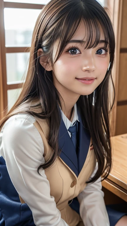 (8k, Photorealistic, RAW Photos, Best image quality: 1.4), Japanese schoolgirl、Super detailed face、Eye on the details、double eyelid、Sharp focus:1.2、Beautiful woman:1.4、Light brown hair、Highest quality、masterpiece、Ultra-high resolution、(Photorealistic:1.4)、非常に詳細でプロフェッショナルに照らされたsmile、(Japanese high school uniform:1.5)、blush、amount、Small breasts、Shaggy Hair、From below、Low - Angle、smile、freckles、classroom,Sitting at a desk、Knee-high socks、On your knees、Raking up your hair with your hands