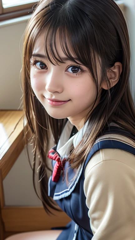 (8k, Photorealistic, RAW Photos, Best image quality: 1.4), Japanese girl、Super detailed face、Eye on the details、double eyelid、Sharp focus:1.2、Beautiful woman:1.4、Light brown hair、Highest quality、masterpiece、Ultra-high resolution、(Photorealistic:1.4)、非常に詳細でプロフェッショナルに照らされたsmile、(Japanese high school uniform:1.5)、blush、amount、Small breasts、Shaggy Hair、From below、Low - Angle、smile、freckles、classroom,Sitting at a desk、Knee-high socks、On your knees、Raking up your hair with your hands