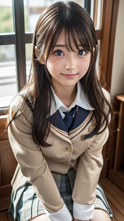 (8k, Photorealistic, RAW Photos, Best image quality: 1.4), Japanese girl、Super detailed face、Eye on the details、double eyelid、Sharp focus:1.2、Beautiful woman:1.4、Light brown hair、Highest quality、masterpiece、Ultra-high resolution、(Photorealistic:1.4)、非常に詳細でプロフェッショナルに照らされたsmile、(Japanese high school uniform:1.5)、blush、amount、Small breasts、Shaggy Hair、From below、Low - Angle、smile、freckles、classroom，Sitting at a desk、Knee-high socks、On your knees、Raking up your hair with your hands