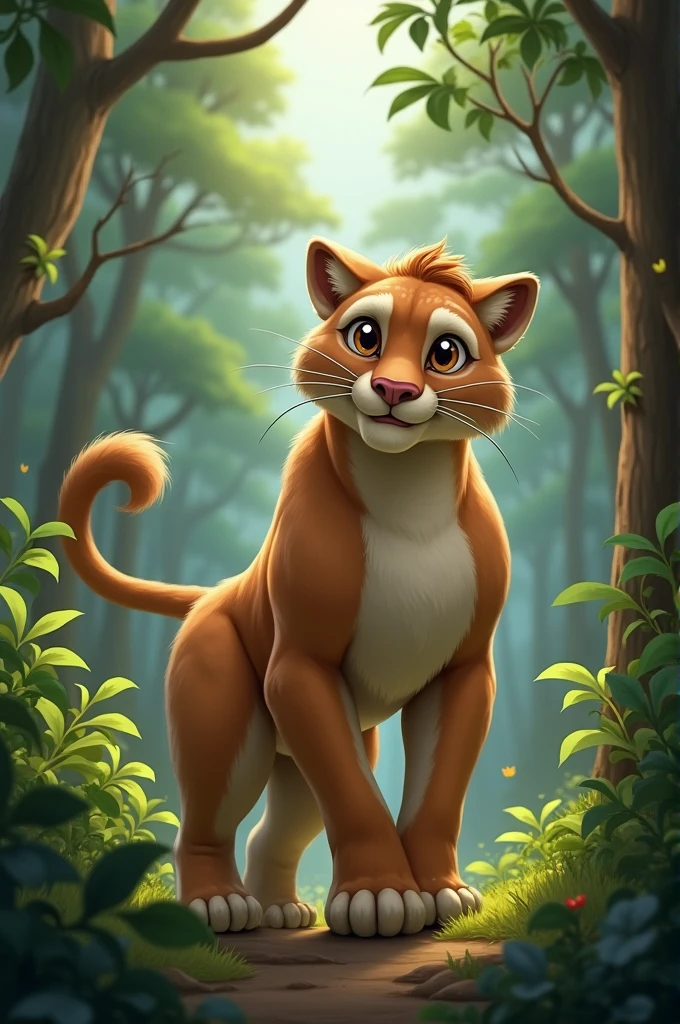 A mountain lion in the woods near a bush begging to stretch whike waving it butt with a smirk 