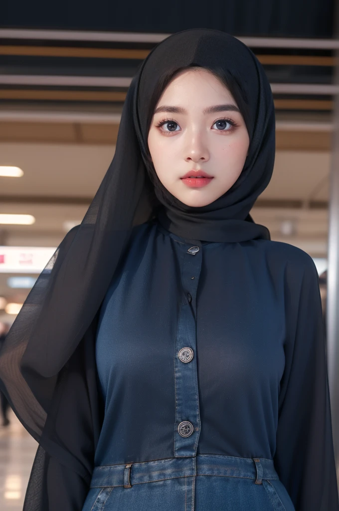 ((closeup: 1.5)), (IU), (hijab:1.2), (realistic photos of Hijab Korean female, slightly smile,expressive eyes,eye makeup,airport background,standing posture,confident attitude,Eye-Level Shot, slightly blurry background,UHD,masterpiece:1.2,highres,16k), pinafore