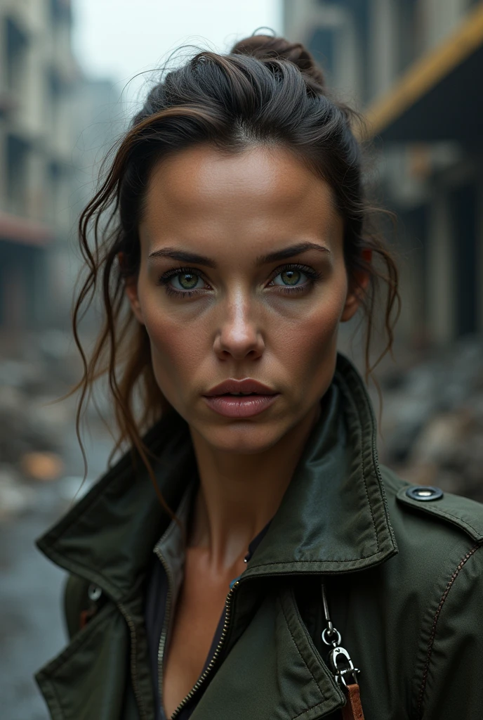 Foto hiperrealista en primer plano de Kate Beckinsale, masterpiece, best quality, (photorealistic:1.4), Create dystopian masterpieces. Depict the cityscape in the gritty style of the game's concept art. This work should evoke a sense of abandonment and despair in a futuristic, post-apocalyptic world. Notice the intricacies of detail, the sharp focus. (((Cameltoe))), ((assaulted by zombie men)), (((strangled, choked:1.4))), ((cleavage)), ((exposed bulges)), ((large muscular hips))