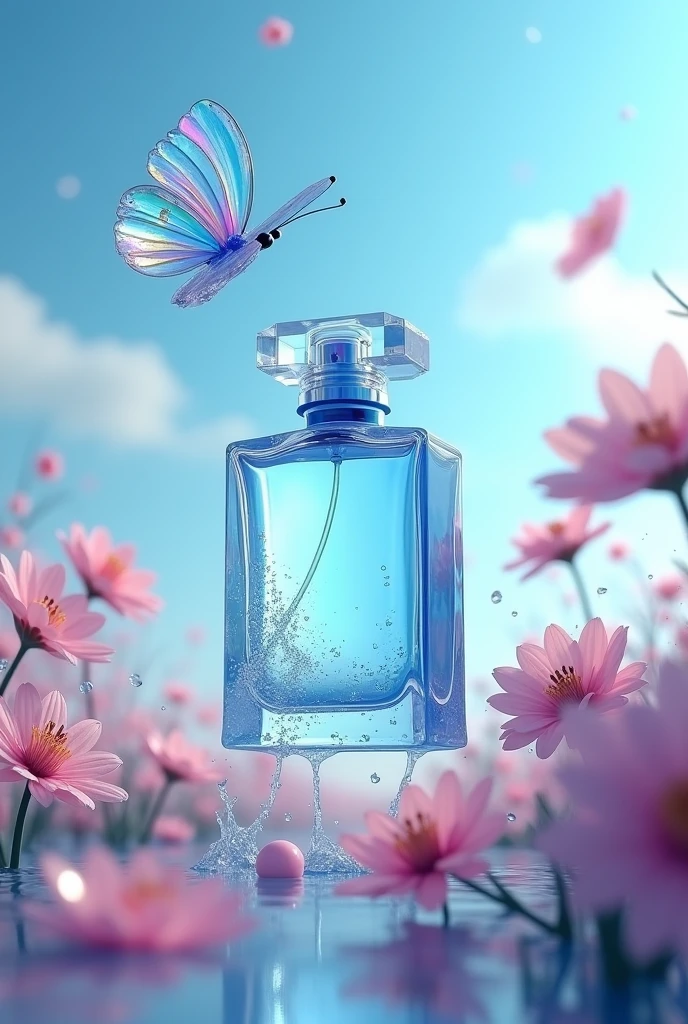 There is a blue perfume in the middle of the water-soaked flower field, blue sky, clouds, Crystal butterfly, water splash, High detail scenes, Animation style rendering, Estilo Artistic de alta fidelidad., High detail composition, Beautiful 3d 4k composition, Artistic, Spring vibration, Bottom corner, blurry and dreamy illustration, dream scenes, numerical art, High fidelity aesthetics