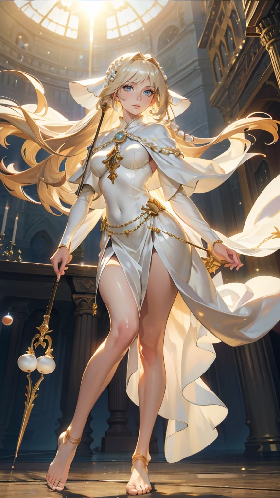 masterpiece, ultra detailed, 8K Portrait, Raw photo, a portrait photo of, Highly detailed face, beautiful and meticulous eyes, ((Fantasy)), beautiful woman, (((expressionless))), (((Mature look))), (((goddess))), tall, extra long blond messy hair, gentle face, (((skin as white as pearl))), (((white silk long cloak))) Fluttering in the wind, (((golden staff))), bare foot, Midday Sun, Hyper realistic, Body model, medium breasts, Beautiful breasts, Long legs, in a castle, Ambient lighting, Shadow details, Camera focus on face, strong breeze, Light fog