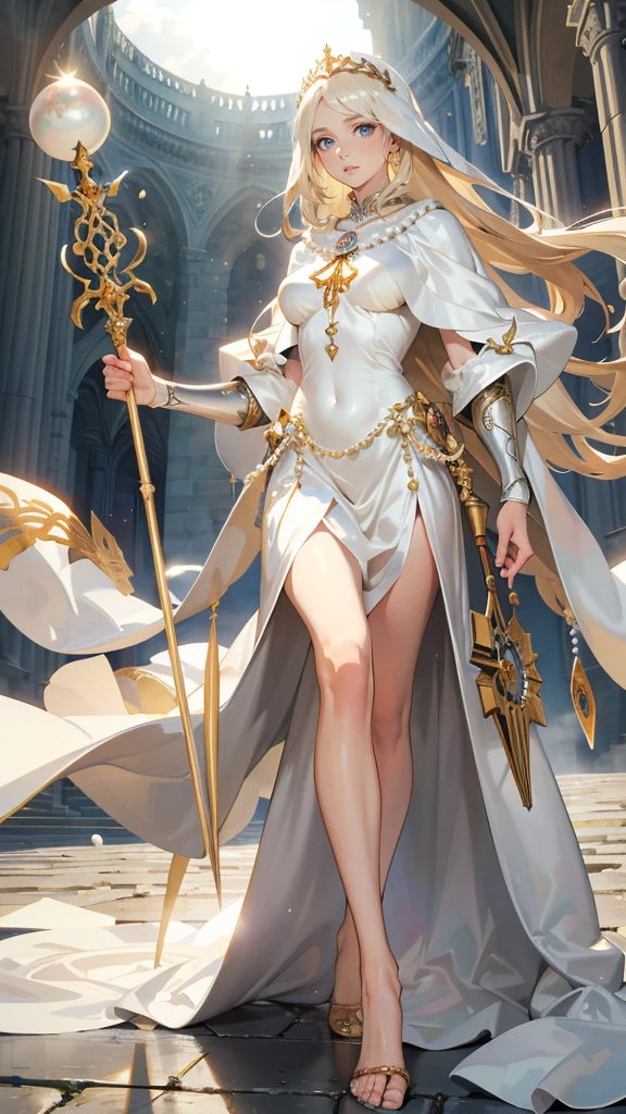 masterpiece, ultra detailed, 8K Portrait, Raw photo, a portrait photo of, Highly detailed face, beautiful and meticulous eyes, ((Fantasy)), beautiful woman, (((expressionless))), (((Mature look))), (((goddess))), tall, extra long blond messy hair, gentle face, (((skin as white as pearl))), (((white silk long cloak))) Fluttering in the wind, (((golden staff))), bare foot, Midday Sun, Hyper realistic, Body model, medium breasts, Beautiful breasts, Long legs, in a castle, Ambient lighting, Shadow details, Camera focus on face, strong breeze, Light fog
