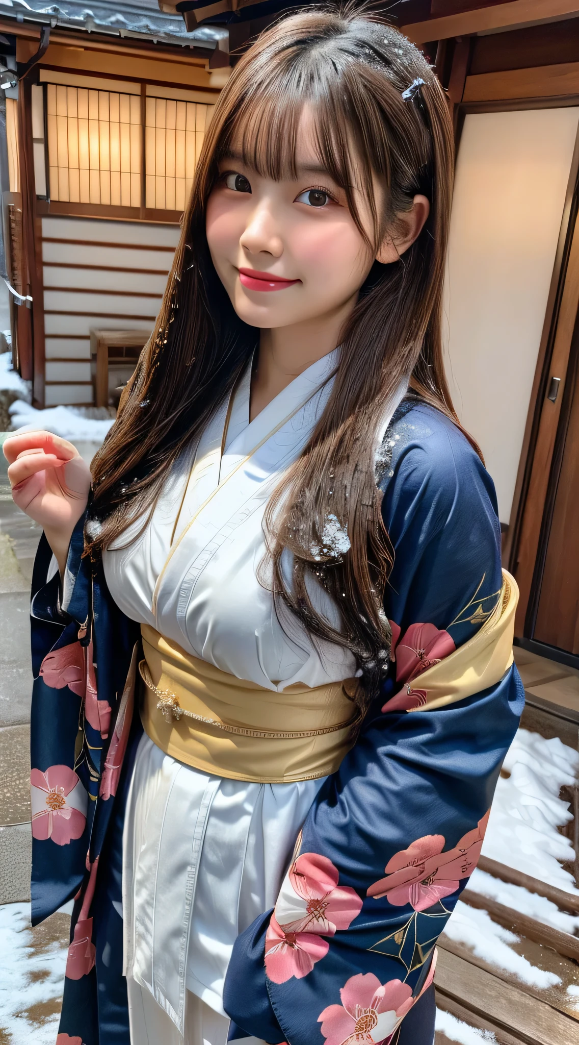 8k, Absurd, 4K, High resolution, ultra detailed, 最high quality, insanely detailed, masterpiece, beautiful, high quality, detailed, hyper detailed, Exquisite, girl, smile, Are standing, View your viewers, (Recall:1.3), Long Hair, Straight hair, Brown Hair, puppet, Droopy eyes, Glowing Skin, detailed skin, detailed face, glamorous, Sensual, Curvy, beautiful ass, beautiful breasts, (Idol, kimono:1.3), Curvy, Japanese Idol, Cute Face, teenager, Japanese, At the hot spring, At dusk, (with snow:1.3), RAW Photos, Realistic, Ultra-realistic photos, Portrait Photography, Cowboy Shot, from the front, Dynamic Angle, sharpen, Golden Hour, Cinema Lighting, Depth of written boundary
