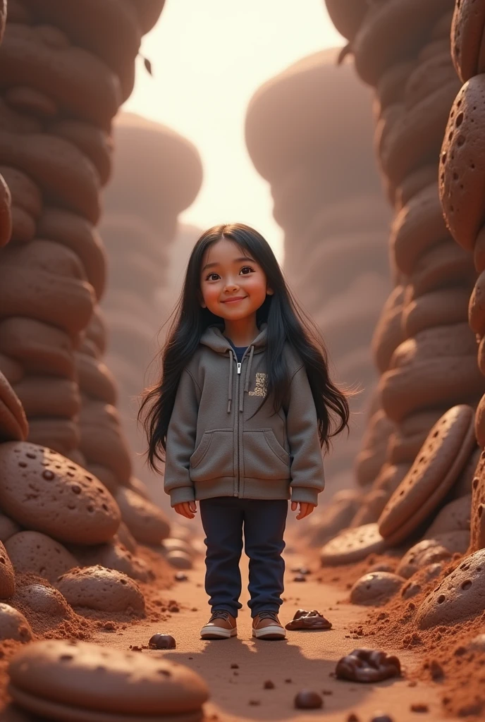 A large chocolate biscuit world with a happy girl with black hair wearing navy blue pants and a gray sports jacket.