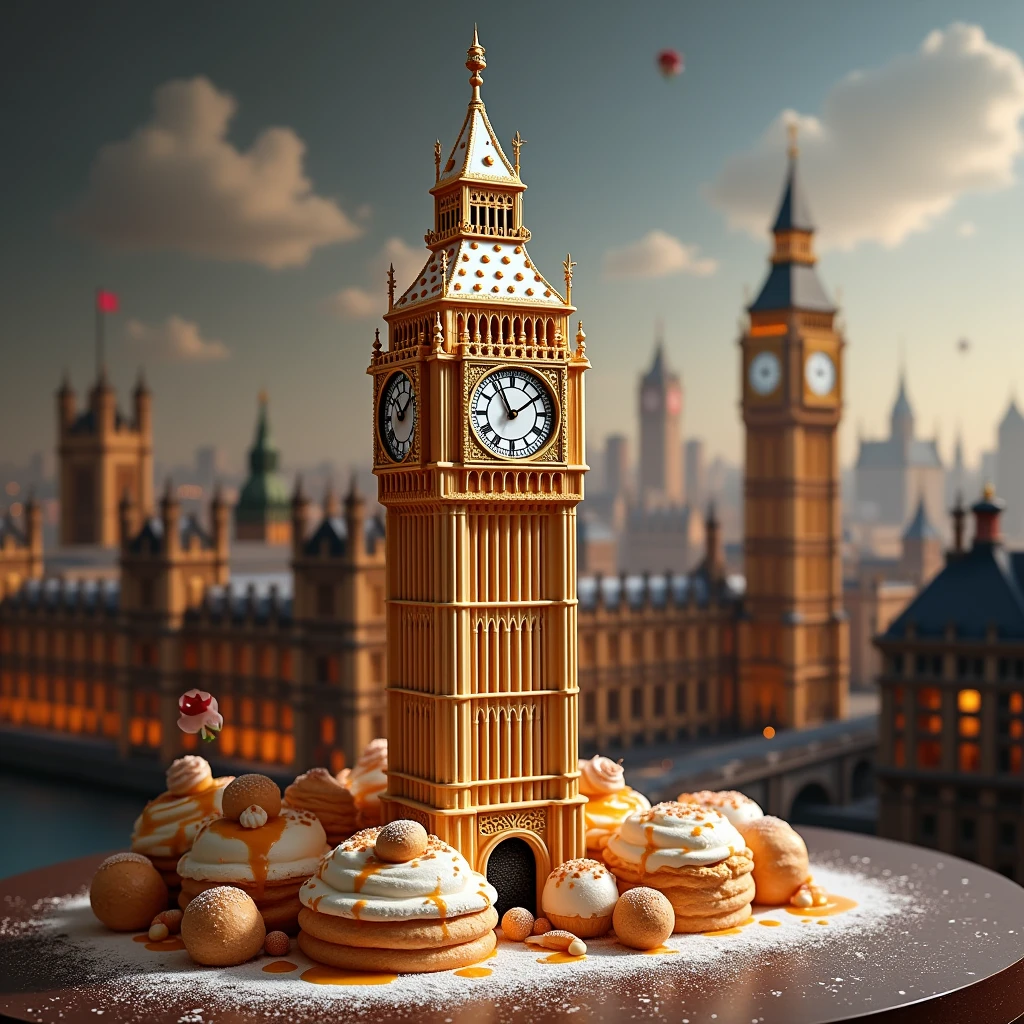Big Ben made of dessert with realistic background