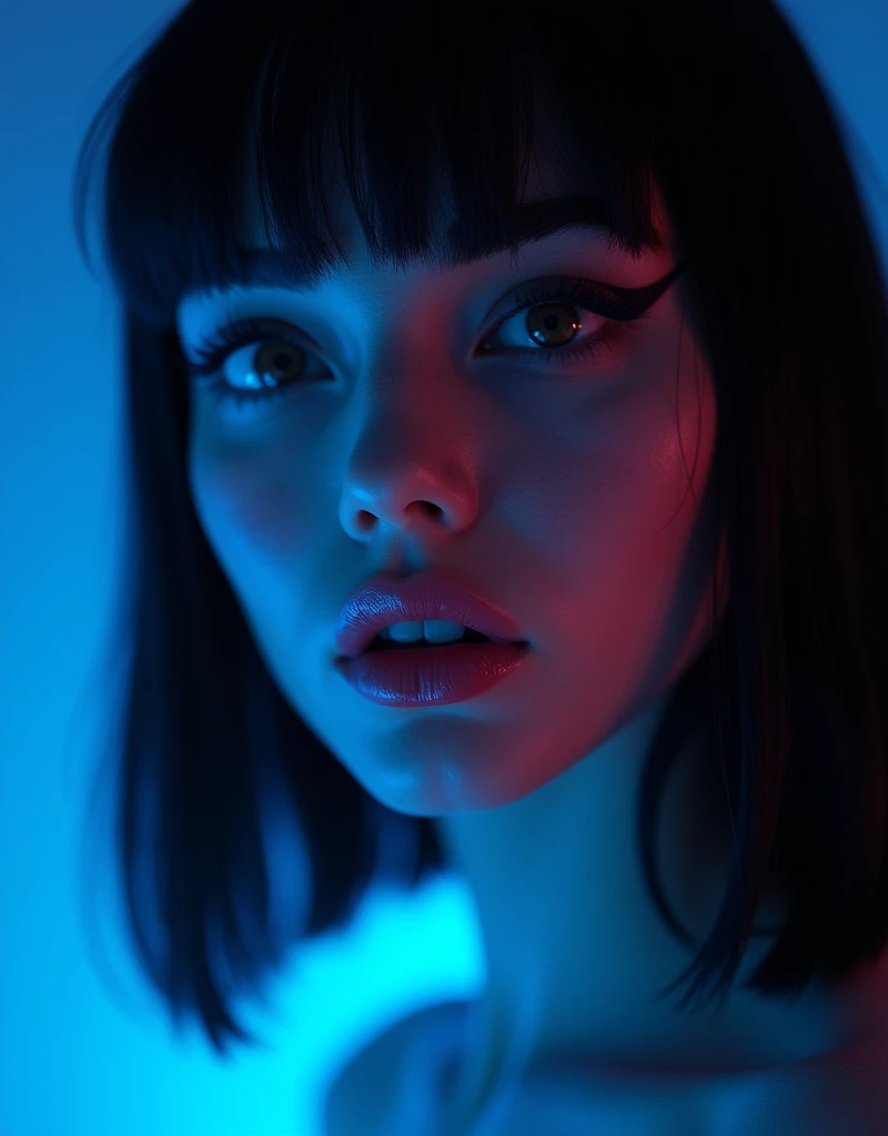 digital 3d photo,(Canon 50),(Rendered by octane),8k, seducer, symmetrical face, Dramatic cinematic lighting, (very strong blue lighting from behind), (light red glow on the left side, Dramatic +2, hyper realistic, spirited, very sexy pose. 1girl, detail on the face, Focus on the face, straight hair, bangs, hyperrealistic eyes, blue color background, highlight on lips that show fissures, lips with pink lipstick, half-open mouth showing part of the tooth. Black lined eye makeup