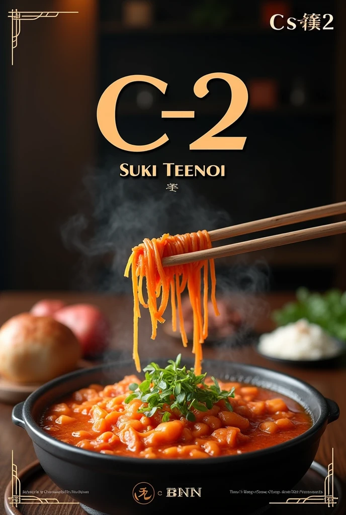 Hotop employee logo,must contain letter (C-2),must contain letter (BNN GROUP),must contain Shop name (Suki Teenoi),must contain Hotpot food pic in background,must contain shop name Suki Teenoi,erase  chinese letter