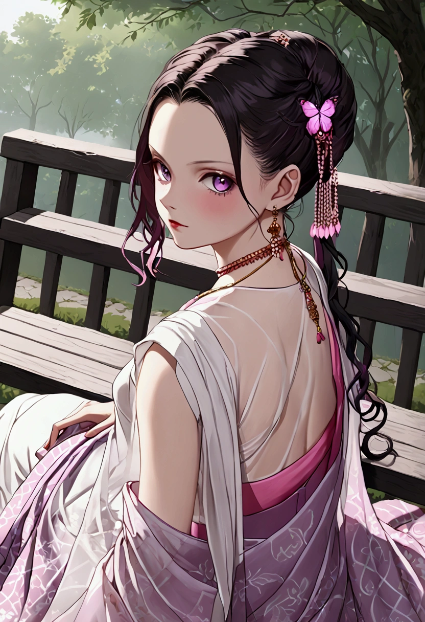((((shinobu kocho from demon slayer)))),((((wearing a white see through saree with fading pink at the end and her black lines cracking ground pattern on her saree)))), deep purple eyes with no visible pupils , in park, human body structure, no ornaments, photo session, innocent looking ,proper body proportion , distinctive hairstyle from Demon Slayer. Her hair is medium length, primarily dark black with subtle purple-tinted ends. The hair is tied up into a butterfly-shaped bun at the back of her head. She has long, straight bangs framing her face, with two strands of hair falling gracefully down each side. The butterfly accessory in the bun is detailed with light purple and white colors, matching the hair’s purple tips. Ensure the hair color stays dark with accurate purple shading, not pink,hairs are purple fading at the ends of bangs , ((((((wearing an Indian saree)))))),laying on bench