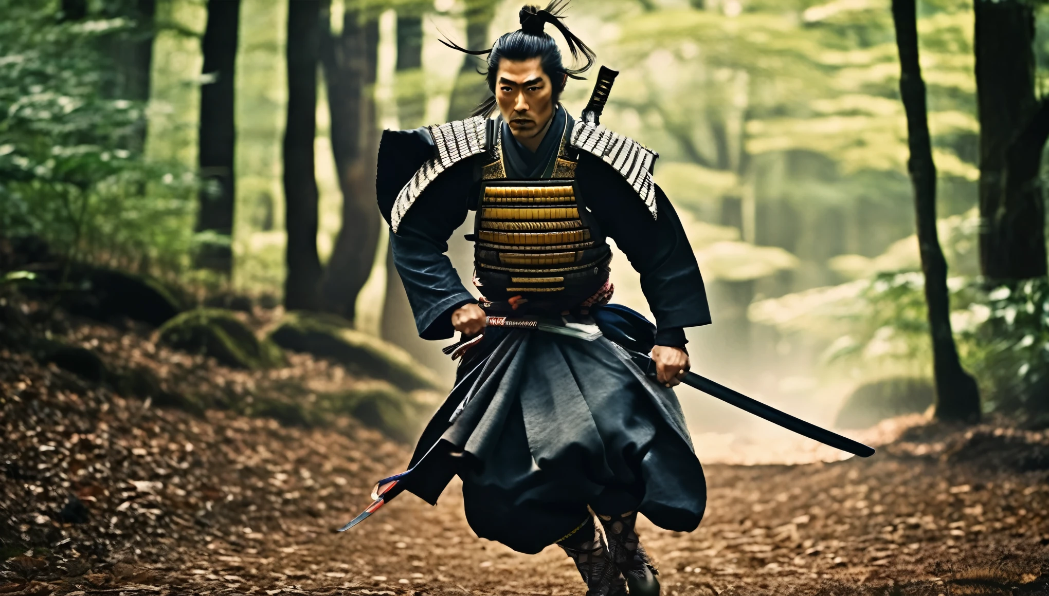 Realistic image, movie style, one Japanese samurai, wearing Japanese armor, serious expression, shown from head to toe, full body shot, running with Japanese sword at the ready, forest in the background, powerful camera work