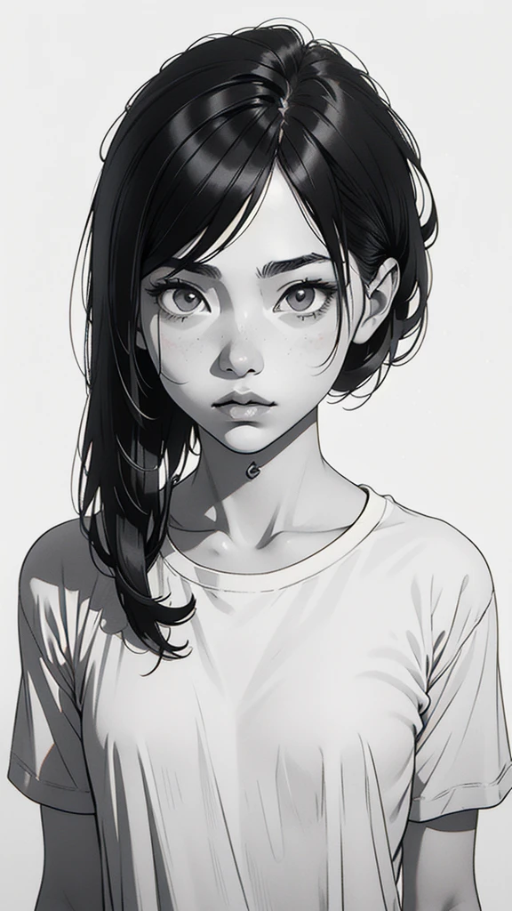 1 korean boyish girl, solo, sharp eyes, monochrome, greyscale, shoulder length black hair, portrait, blank white T-shirt, Thin eyebrows, closed mouth, looking at viewer, graphite \(medium\), detailed lips, hatching \(texture\), without makeup, (bangs), upper body, (best illustration), (best quality), (very detailed), (masterpiece), expressionless,