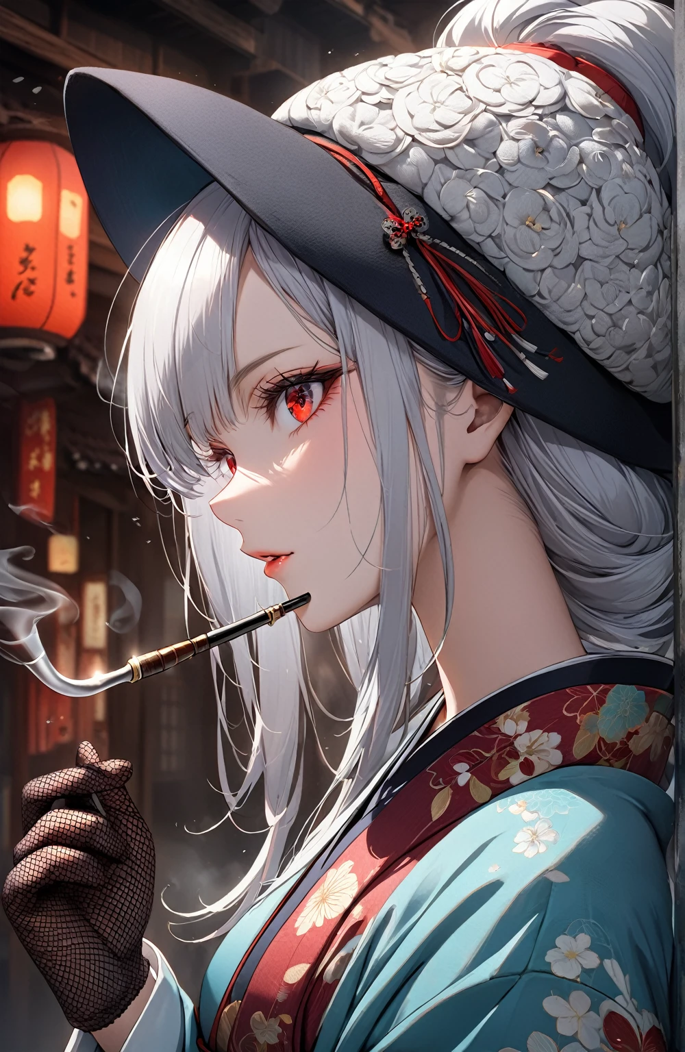 Ultra high resolution, rich colors, perfect image, top quality, detailed image, beautiful woman, glowing skin, skin and clothing texture, delicate eyes, Showa era town, kimono, haori, toque, black fishnet gloves, smoking pipe, sideways, long silver hair, red eyes