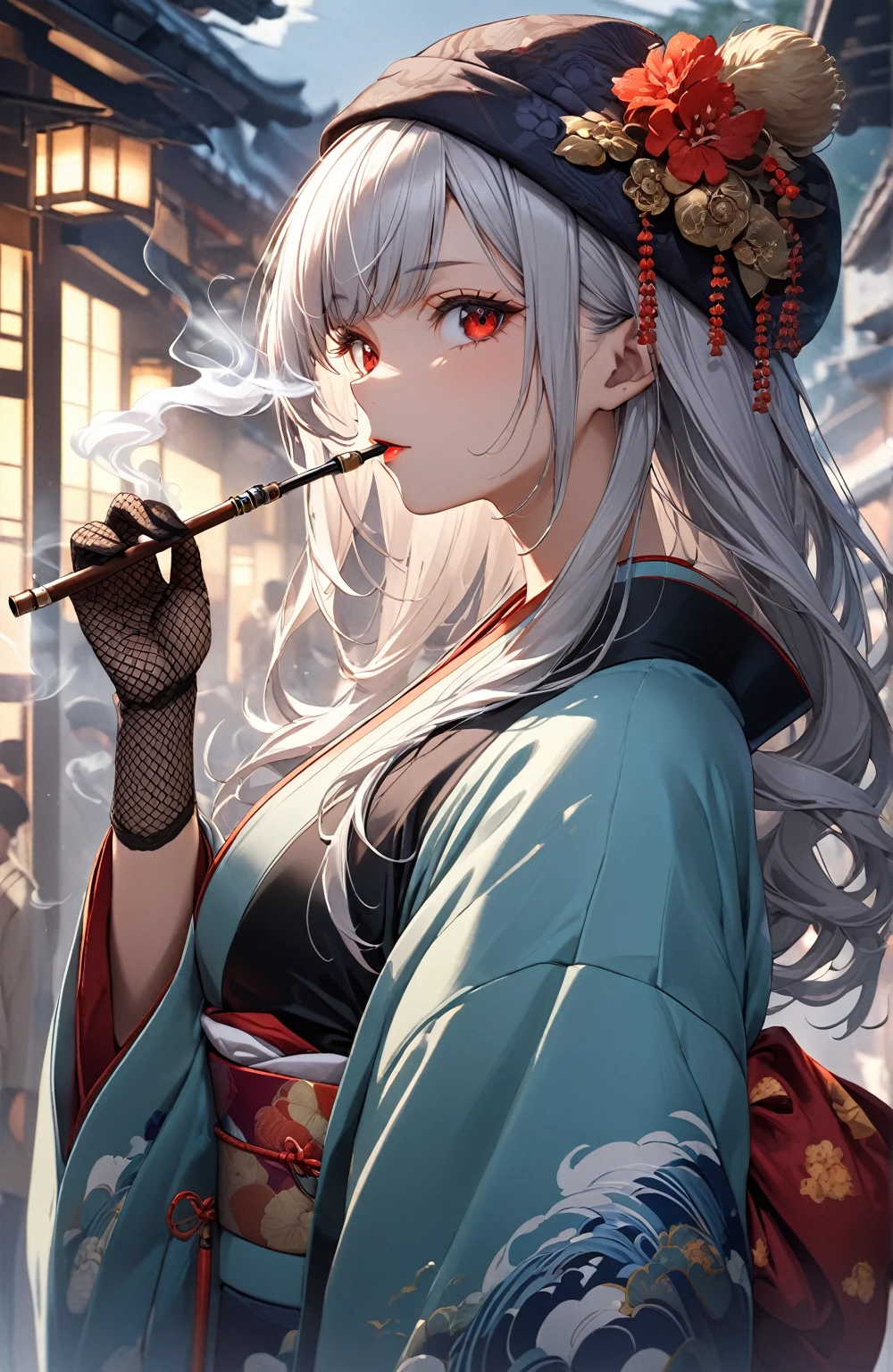 Ultra high resolution, rich colors, perfect image, top quality, detailed image, beautiful woman, glowing skin, skin and clothing texture, delicate eyes, Showa era town, kimono, haori, toque, black fishnet gloves, smoking pipe, sideways, long silver hair, red eyes