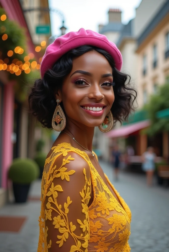 "Create a vibrant and chic photoshoot inspired by the 'Emily in Paris' TV show, but with a twist—the lead character is a stunning biracial woman with a radiant smile. The scene is set against the picturesque streets of Paris, filled with lilac and green hues, cobblestone paths, and iconic Parisian landmarks like the Eiffel Tower and charming cafes. The character's style is a blend of high fashion and bold, contemporary looks—think colourful berets, lace cocktail dresses and statement accessories. Capture her confident, playful energy as she navigates the city with elegance and flair, embracing Parisian culture with her unique touch."