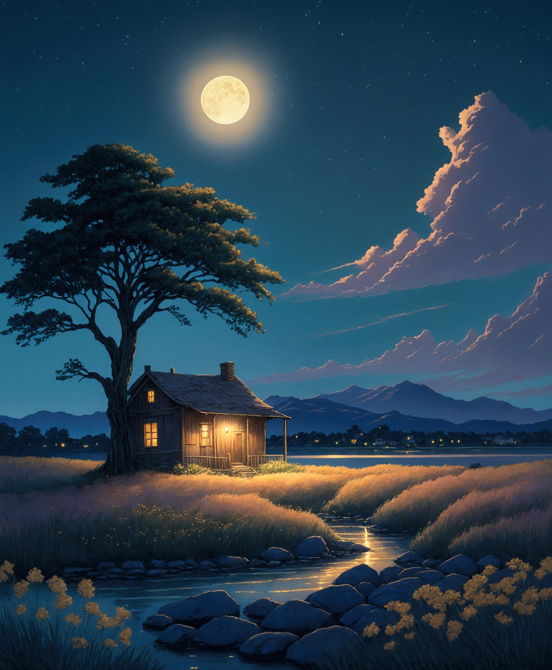 "A tranquil night scene under a starry sky with a full moon casting a soft glow over the landscape. The sky is dotted with twinkling stars, and a few wispy clouds drift lazily. In the foreground, tall grass and wildflowers gently sway in the night breeze, their colors muted under the moonlight. A small house sits quietly, with a utility pole and power lines stretching across the scene. Nearby, a large tree stands tall, its branches reaching towards the sky. A clear body of water reflects the moonlight, bordered by rocks and a few scattered buildings in the distance. Majestic mountains rise in the background, completing this serene, outdoor scenery. No humans are present, allowing the natural beauty of the night to take center stage."