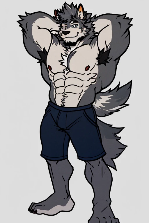 A Very Muscular Furry Gray Wolf. He is Topless with a gray shorts. His both hand is Together behind his head. The background is Gray. He have a little messy hair. He have gray eye. He is looking at the viewer. He is smiling