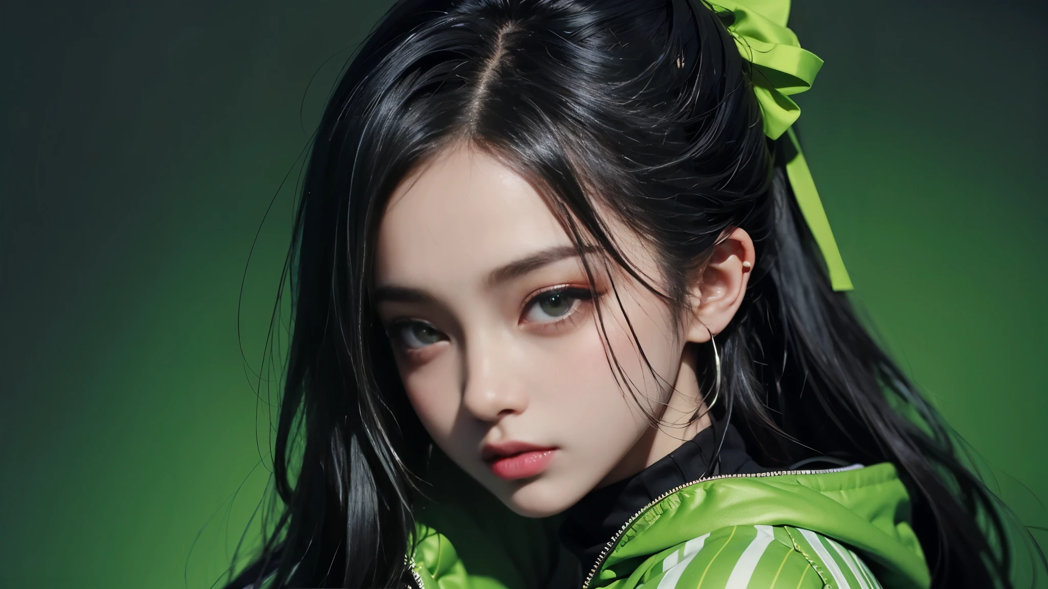 photo of a young Javanese woman with an oval-shaped face, long wavy black hair, and fair, radiant skin, large almond-shaped dark eyes, and long hair in a high ponytail, age 24, wearing a green-striped stylish jacket. She has a highly detailed hair and accessories of a young hiphop girl muted cinematic colors, shot on cinestill film
--ar 16:9 --quality 2