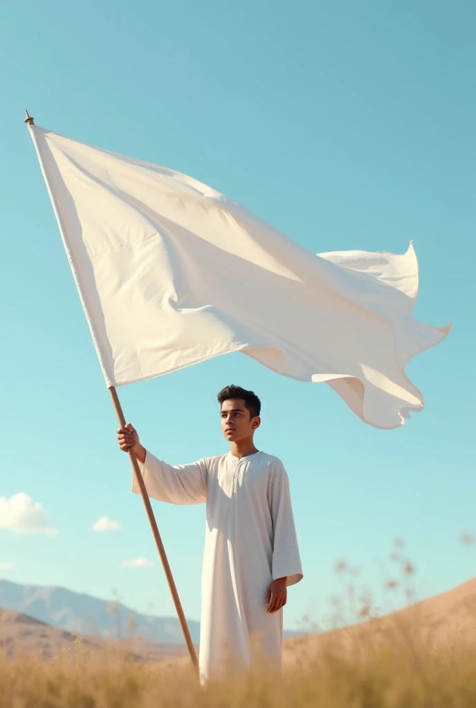 A cool boy standing holding a big white flag in his hand is a Muslim