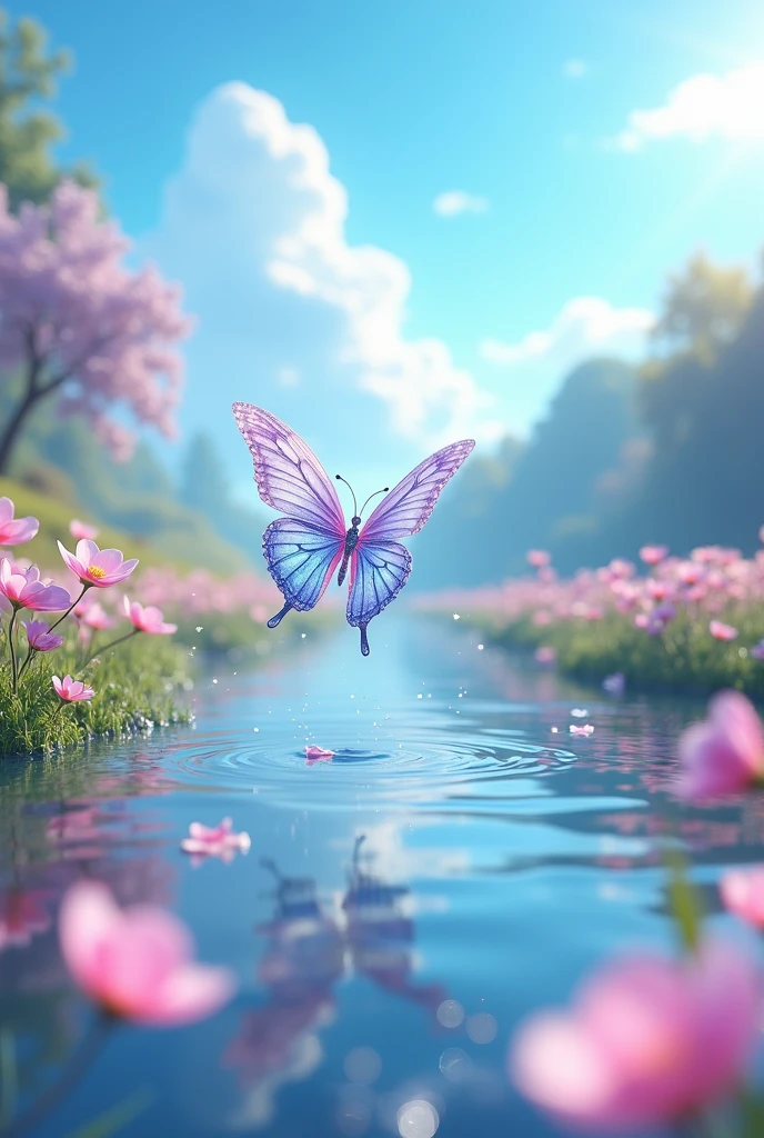 There is a lake in the middle of the water-soaked flower field, blue sky, clouds, Crystal butterfly, water splash, High detail scenes, Animation style rendering, Estilo Artistic de alta fidelidad., High detail composition, Beautiful 3d 4k composition, Artistic, Spring vibration, Bottom corner, blurry and dreamy illustration, dream scenes, numerical art, High fidelity aesthetics