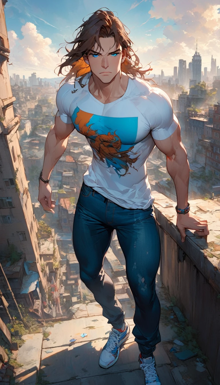 best quality,4k,8k,highres,masterpiece:1.2),ultra-detailed, extremely detailed eyes, extremely detailed body, (large masterpiece digital art), (detailed manga illustration), (detailed line art), ((perfect anatomy)), (intricate details:1.3), (ultra-detailed:1.3), (illustration:1.3), (sharp focus:1.3), (natural lighting:1.05), (vivid colors:1.3), (masterpiece), (best quality:1.4), (perfect anatomy:1.4), high quality, expressive eyes, full body, detailed face, beautiful face, perfect face, (((1boy))), angry, (((male focus))), muscular, detailed messy hair, long hair, brown hair, blue eyes, t-shirt, jean pants, sneakers, cinematic lighting, dramatic atmosphere, Atey Ghailan, Jeremy Mann, Greg Manchess, Antonio Moro, trend in ArtStation, trend in CGSociety, Intricate, High Detail, Sharp focus, dramatic and photorealistic painting art by Midjourney and Greg Rutkowski, Jeff Bridges, ((cartoon style)), Marvel Cinematic Universe style, (((ruined city in the background))),