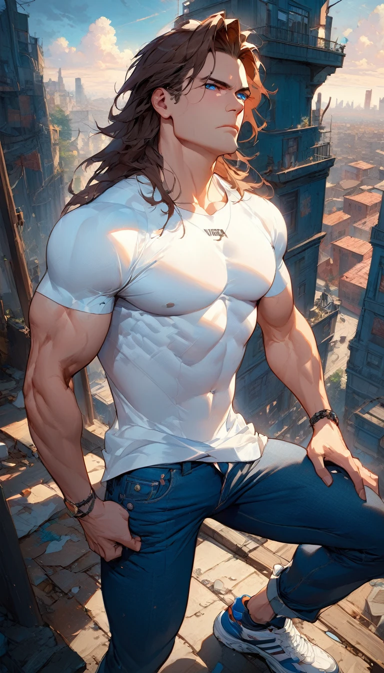 best quality,4k,8k,highres,masterpiece:1.2),ultra-detailed, extremely detailed eyes, extremely detailed body, (large masterpiece digital art), (detailed manga illustration), (detailed line art), ((perfect anatomy)), (intricate details:1.3), (ultra-detailed:1.3), (illustration:1.3), (sharp focus:1.3), (natural lighting:1.05), (vivid colors:1.3), (masterpiece), (best quality:1.4), (perfect anatomy:1.4), high quality, expressive eyes, full body, detailed face, beautiful face, perfect face, (((1boy))), angry, (((male focus))), muscular, detailed messy hair, long hair, brown hair, blue eyes, t-shirt, jean pants, sneakers, cinematic lighting, dramatic atmosphere, Atey Ghailan, Jeremy Mann, Greg Manchess, Antonio Moro, trend in ArtStation, trend in CGSociety, Intricate, High Detail, Sharp focus, dramatic and photorealistic painting art by Midjourney and Greg Rutkowski, Jeff Bridges, ((cartoon style)), Marvel Cinematic Universe style, (((ruined city in the background))),