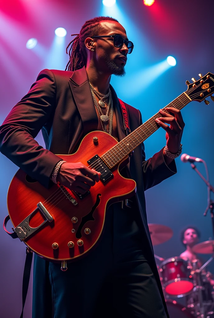 Un rappeur noir qui joue de la guitare sur une magnifique guitare classique en mode rockstar, grand avec une carrure de basketteur, avec énormément de style ,qui porte des marques de luxe et des lunettes noirs
