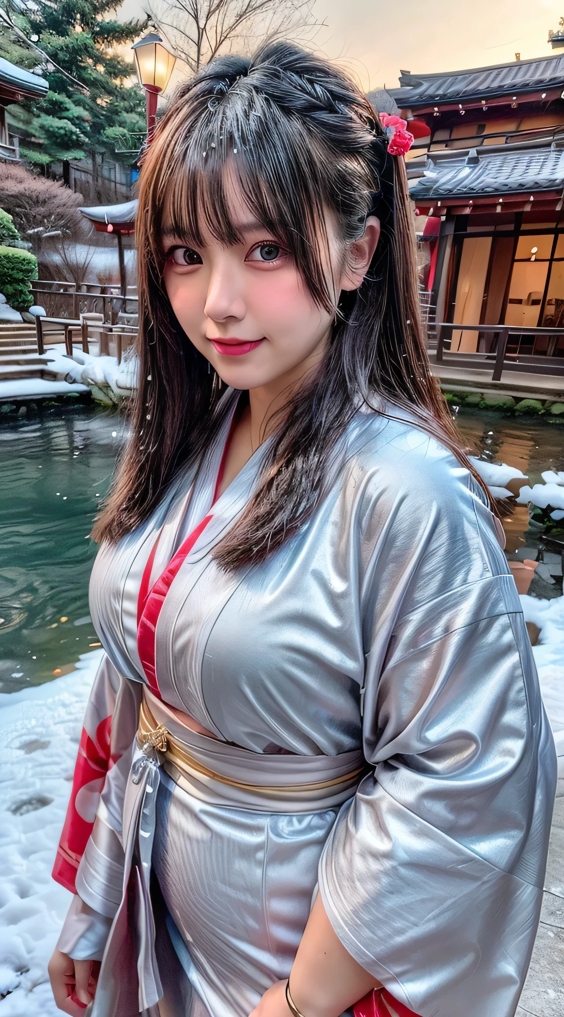 8k, Absurd, 4K, High resolution, ultra detailed, 最high quality, insanely detailed, masterpiece, beautiful, high quality, detailed, hyper detailed, Exquisite, girl, smile, Are standing, View your viewers, (Recall:1.3), Long Hair, Straight hair, Brown Hair, puppet, Droopy eyes, Glowing Skin, detailed skin, detailed face, glamorous, Sensual, Curvy, beautiful ass, beautiful breasts, (Idol, kimono:1.3), Curvy, Japanese Idol, Cute Face, teenager, Japanese, At the hot spring, At dusk, (with snow:1.3), RAW Photos, Realistic, Ultra-realistic photos, Portrait Photography, Cowboy Shot, from the front, Dynamic Angle, sharpen, Golden Hour, Cinema Lighting, Depth of written boundary