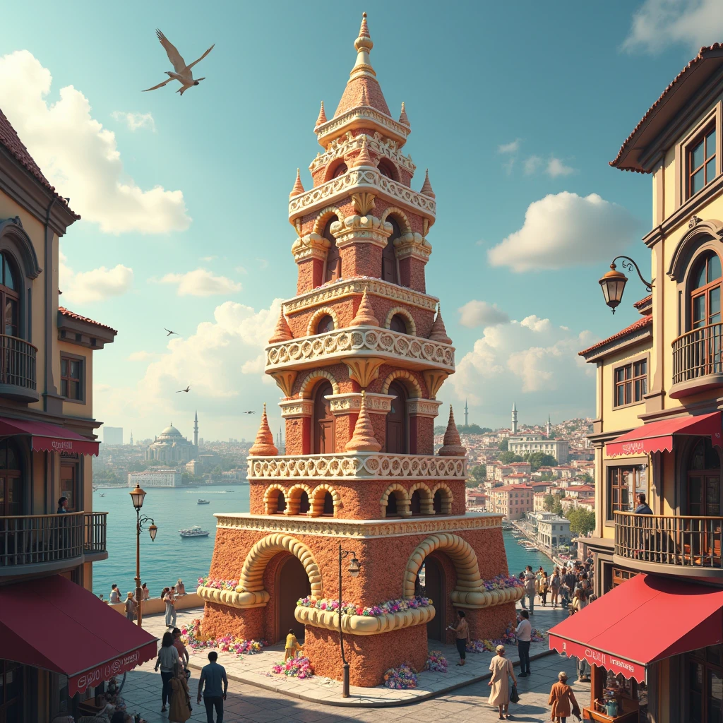 galata tower made of dessert with realistic background