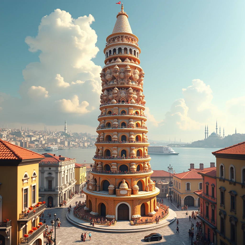 galata tower made of dessert with realistic background