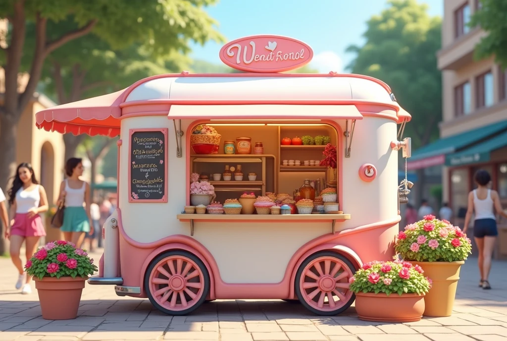 Create an image of a white and pink food cart  , Let the gossip of the gossips say and around flower pots 