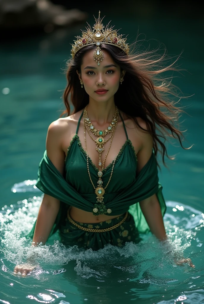 the best work of art, Kanjeng Ratu Kidul, Queen of the Southeast Asia, beautiful woman, erotic, long hair blowing in the wind, smiling and somewhat serious face, wearing a small gold crown with a crystal arrangement in the middle, dark green kemben (camisole) luxurious jewelry, dark green shawl and cloth skirt batik sarong, smooth green and white, standing on blue water with waves and with a dramatic effect, surrounded by whirlpools, creating a mystical atmosphere, fractal art, bright and shining in the center with a dark background, water manipulation, intricate details, hyperrealistic, throughout body.UHD,HD,hyperdetail