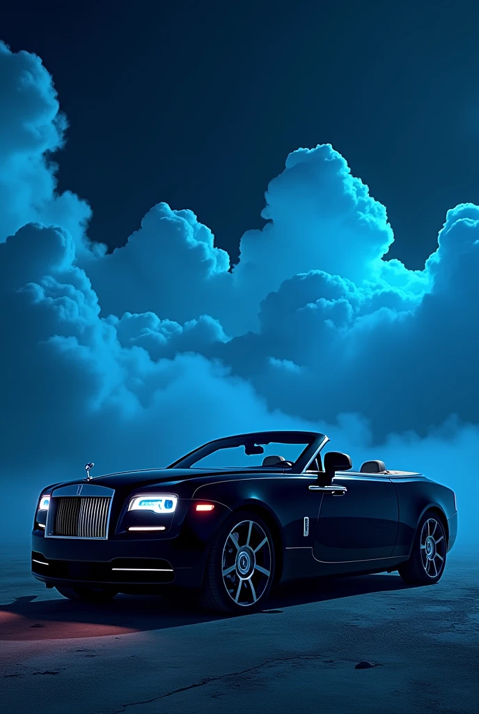 at night with high sky Rolls-Royce La Rose Noire Droptail in the background, and blue neon lights